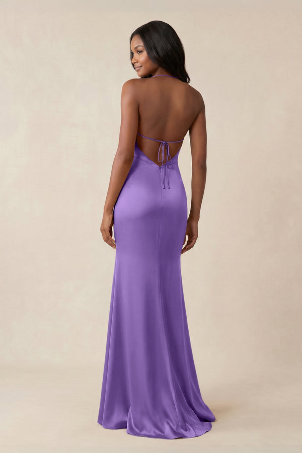 Mermaid V - Neck Satin Bridesmaid Dress With Slit in Lilac - KISS BRIDAL Bridesmaid Dresses