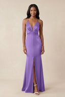 Mermaid V - Neck Satin Bridesmaid Dress With Slit in Lilac - KISS BRIDAL Bridesmaid Dresses