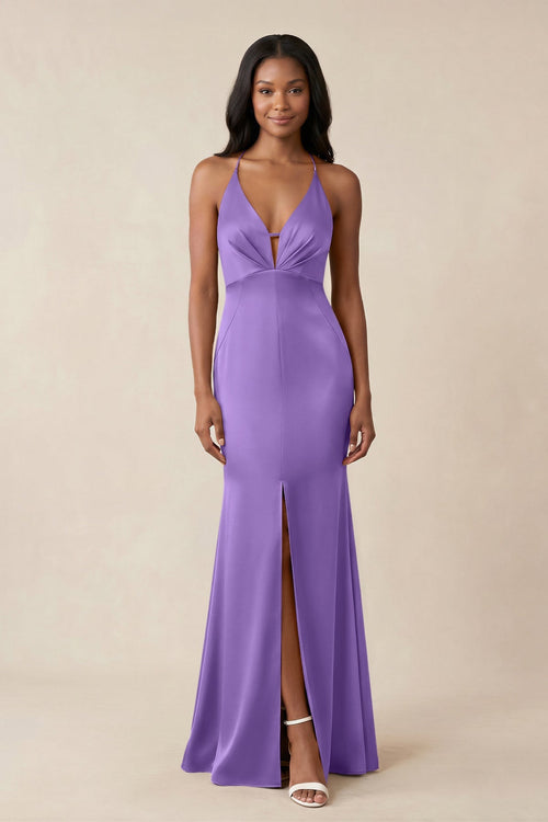 Mermaid V - Neck Satin Bridesmaid Dress With Slit in Lilac - KISS BRIDAL Bridesmaid Dresses