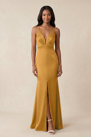 Mermaid V - Neck Satin Bridesmaid Dress With Slit in Marigold - KISS BRIDAL Bridesmaid Dresses