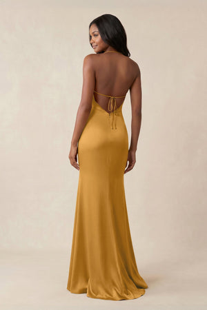 Mermaid V - Neck Satin Bridesmaid Dress With Slit in Marigold - KISS BRIDAL Bridesmaid Dresses