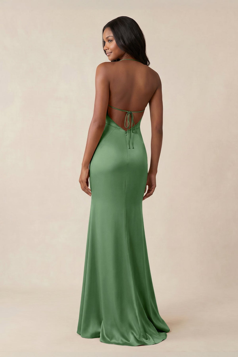 Mermaid V - Neck Satin Bridesmaid Dress With Slit in Matcha - KISS BRIDAL Bridesmaid Dresses