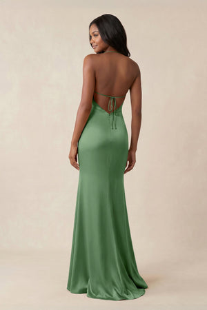 Mermaid V - Neck Satin Bridesmaid Dress With Slit in Matcha - KISS BRIDAL Bridesmaid Dresses