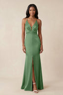 Mermaid V - Neck Satin Bridesmaid Dress With Slit in Matcha - KISS BRIDAL Bridesmaid Dresses