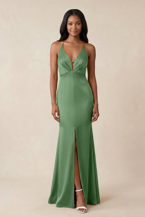 Mermaid V - Neck Satin Bridesmaid Dress With Slit in Matcha - KISS BRIDAL Bridesmaid Dresses