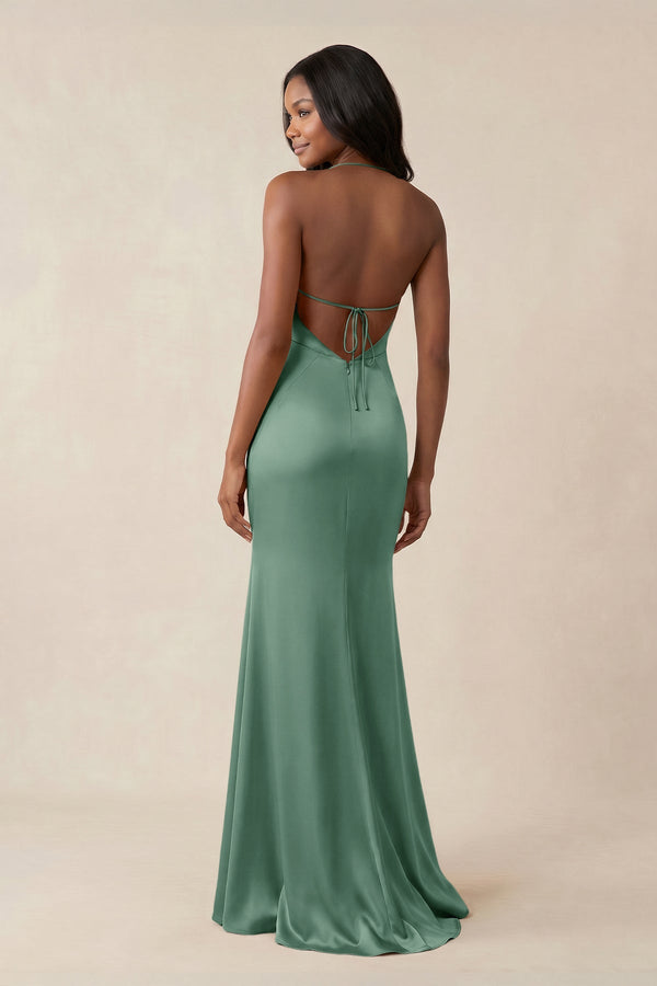 Mermaid V - Neck Satin Bridesmaid Dress With Slit in Mint Green - KISS BRIDAL Bridesmaid Dresses