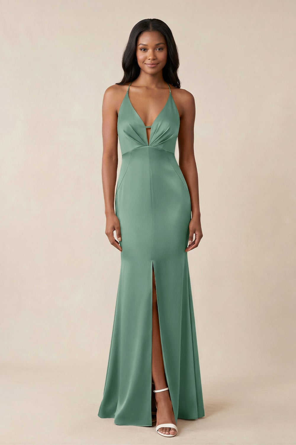 Mermaid V - Neck Satin Bridesmaid Dress With Slit in Mint Green - KISS BRIDAL Bridesmaid Dresses