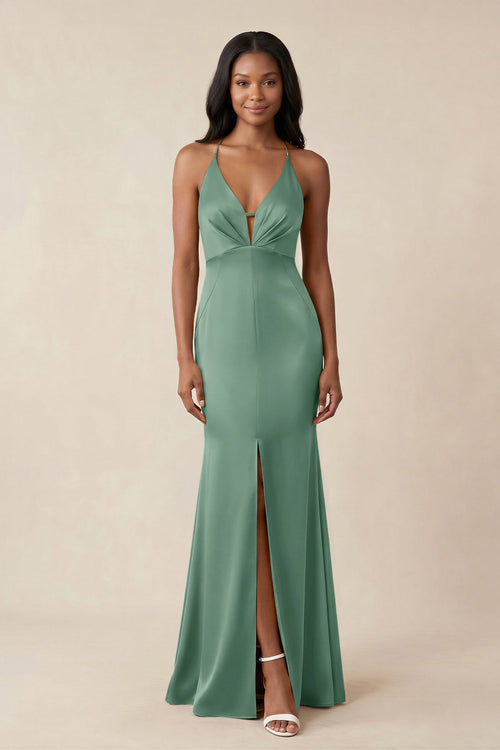 Mermaid V - Neck Satin Bridesmaid Dress With Slit in Mint Green - KISS BRIDAL Bridesmaid Dresses