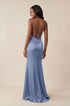 Mermaid V - Neck Satin Bridesmaid Dress With Slit in Mist - KISS BRIDAL Bridesmaid Dresses