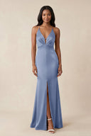 Mermaid V - Neck Satin Bridesmaid Dress With Slit in Mist - KISS BRIDAL Bridesmaid Dresses