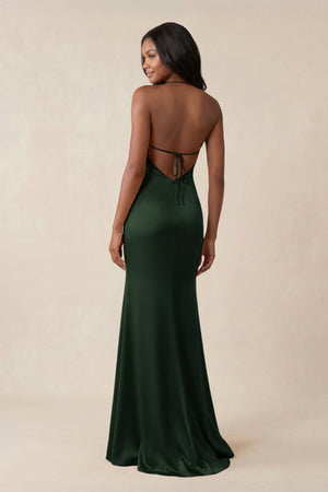 Mermaid V - Neck Satin Bridesmaid Dress With Slit in Moss - KISS BRIDAL Bridesmaid Dresses