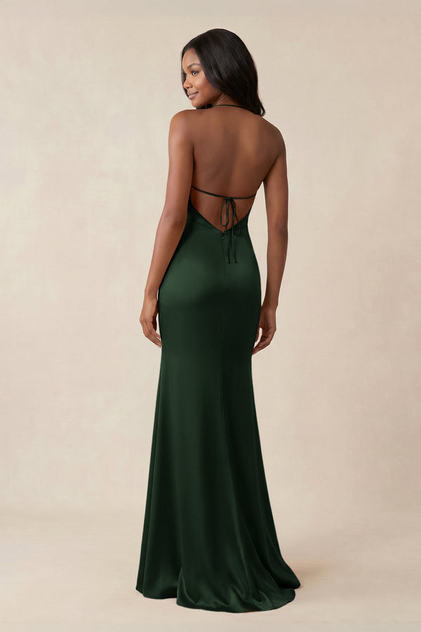 Mermaid V - Neck Satin Bridesmaid Dress With Slit in Moss - KISS BRIDAL Bridesmaid Dresses