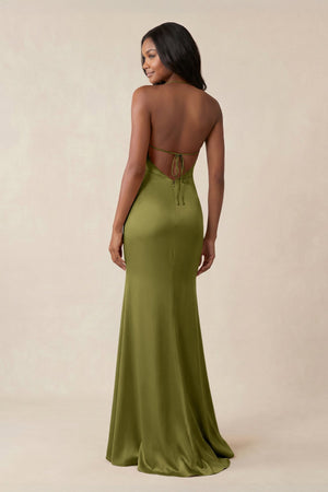 Mermaid V - Neck Satin Bridesmaid Dress With Slit in Moss Green - KISS BRIDAL Bridesmaid Dresses