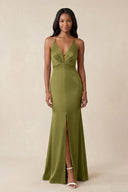 Mermaid V - Neck Satin Bridesmaid Dress With Slit in Moss Green - KISS BRIDAL Bridesmaid Dresses