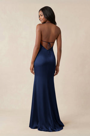 Mermaid V - Neck Satin Bridesmaid Dress With Slit in Navy - KISS BRIDAL Bridesmaid Dresses
