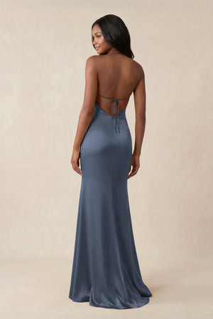 Mermaid V - Neck Satin Bridesmaid Dress With Slit in Neptune - KISS BRIDAL Bridesmaid Dresses
