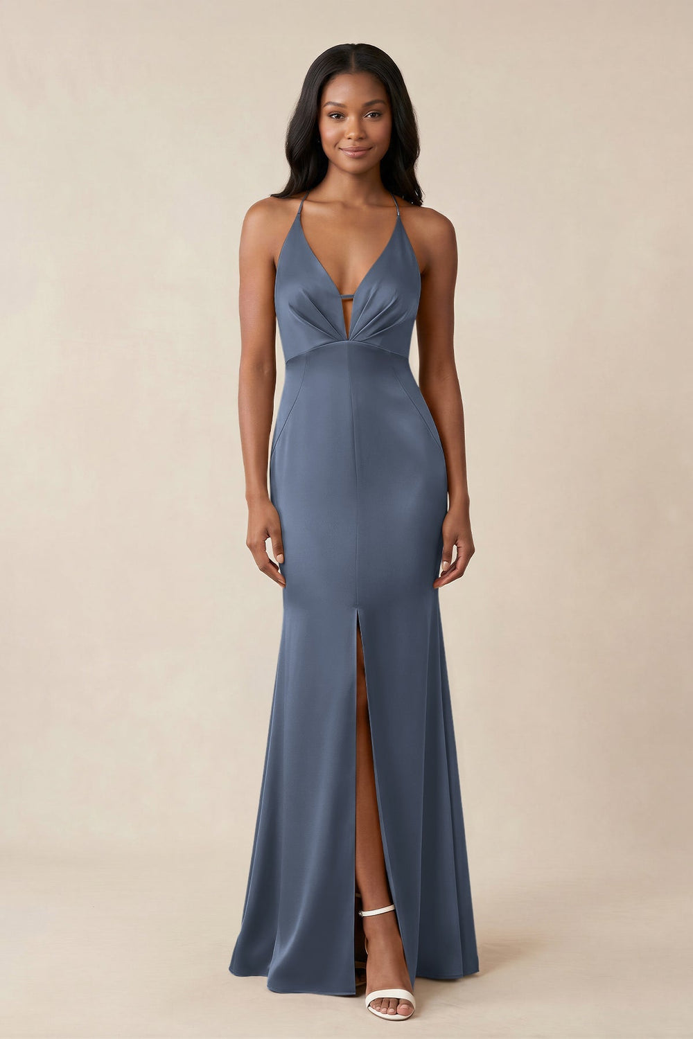 Mermaid V - Neck Satin Bridesmaid Dress With Slit in Neptune - KISS BRIDAL Bridesmaid Dresses