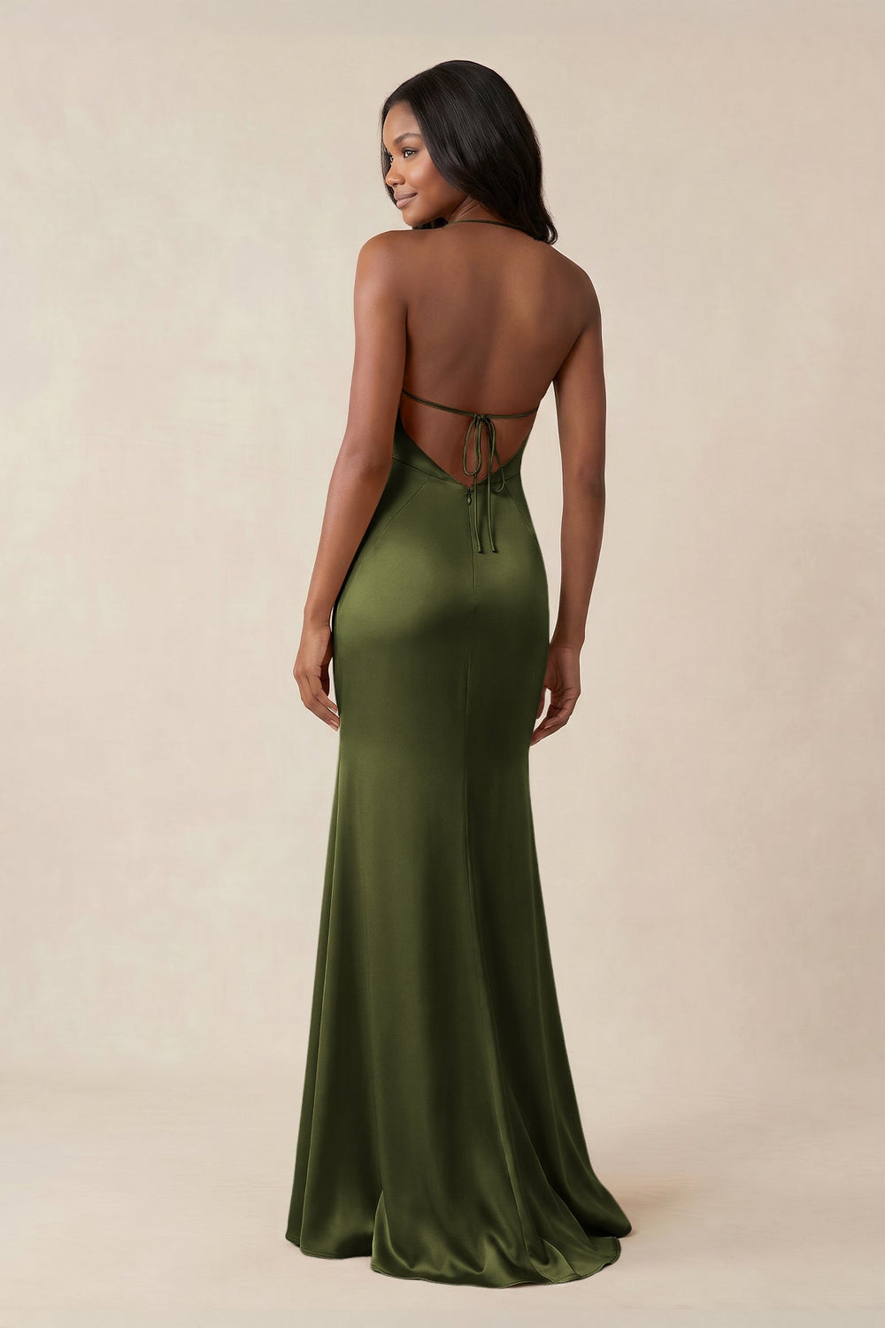 Mermaid V - Neck Satin Bridesmaid Dress With Slit in Olive - KISS BRIDAL Bridesmaid Dresses