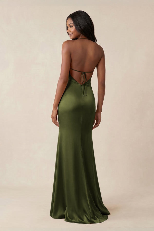 Mermaid V - Neck Satin Bridesmaid Dress With Slit in Olive - KISS BRIDAL Bridesmaid Dresses