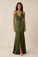 Mermaid V - Neck Satin Bridesmaid Dress With Slit in Olive - KISS BRIDAL Bridesmaid Dresses