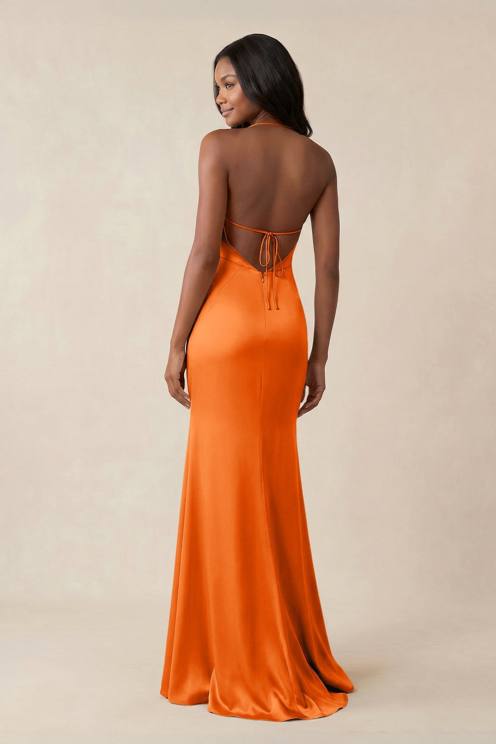 Mermaid V - Neck Satin Bridesmaid Dress With Slit in Orange - KISS BRIDAL Bridesmaid Dresses