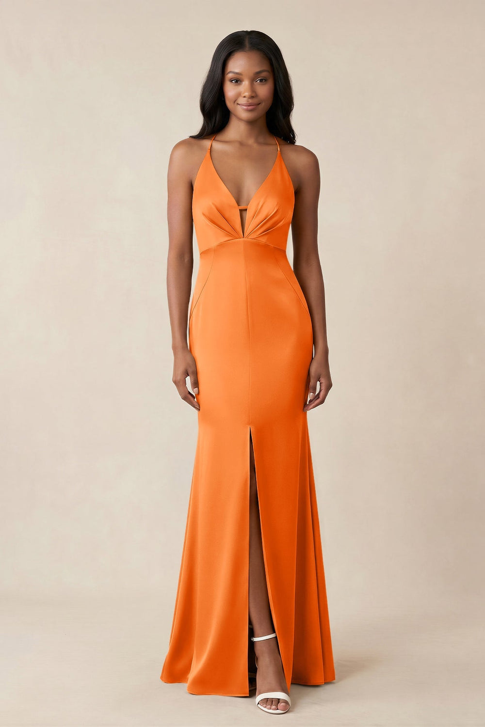 Mermaid V - Neck Satin Bridesmaid Dress With Slit in Orange - KISS BRIDAL Bridesmaid Dresses