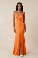 Mermaid V - Neck Satin Bridesmaid Dress With Slit in Orange - KISS BRIDAL Bridesmaid Dresses