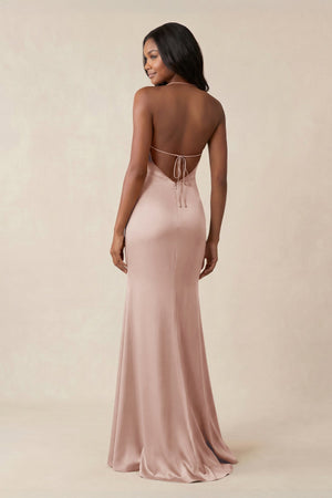 Mermaid V - Neck Satin Bridesmaid Dress With Slit in Pale Blush - KISS BRIDAL Bridesmaid Dresses