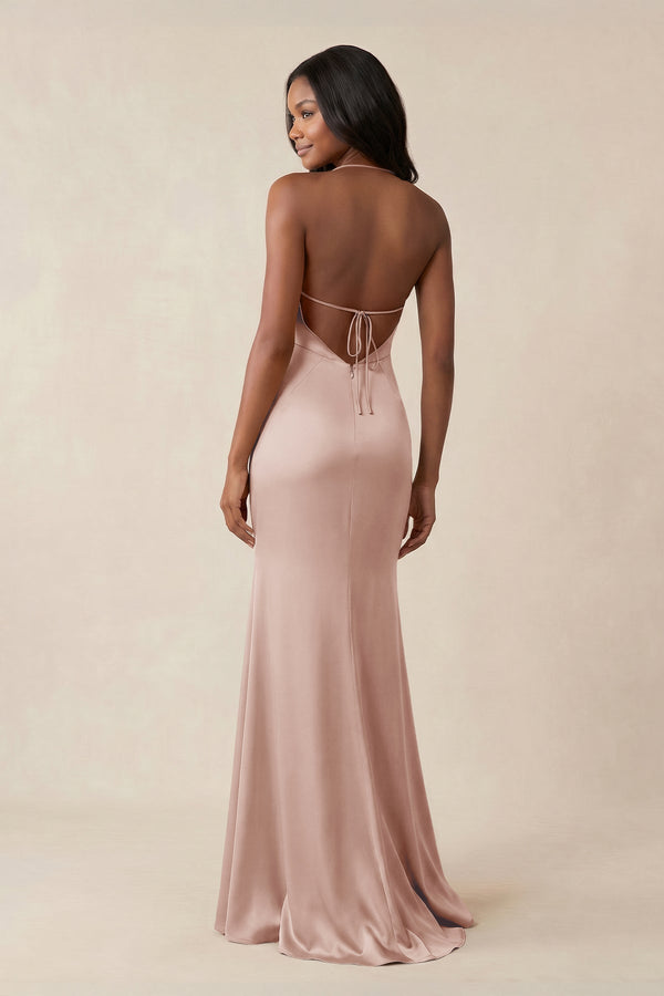 Mermaid V - Neck Satin Bridesmaid Dress With Slit in Pale Blush - KISS BRIDAL Bridesmaid Dresses