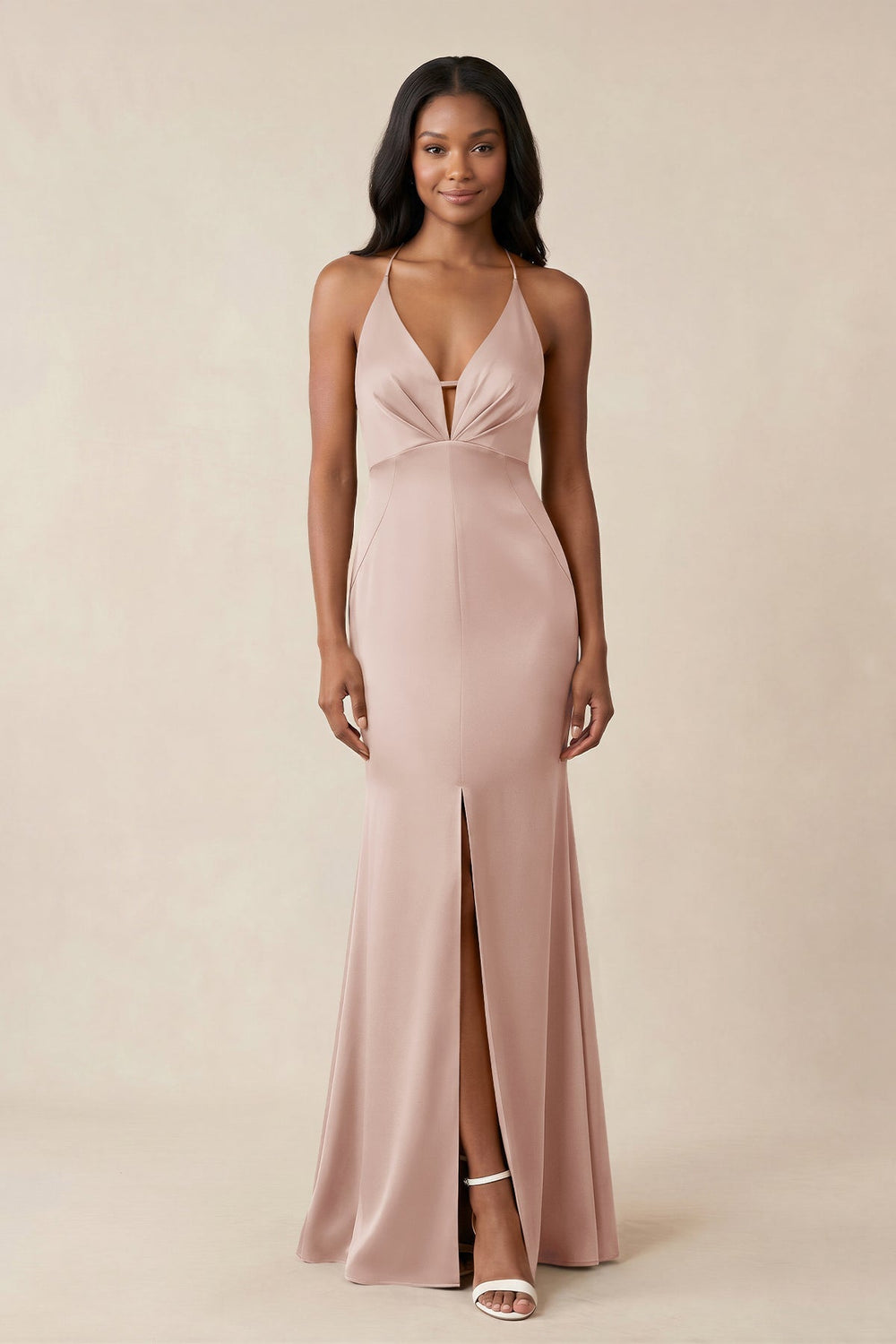 Mermaid V - Neck Satin Bridesmaid Dress With Slit in Pale Blush - KISS BRIDAL Bridesmaid Dresses