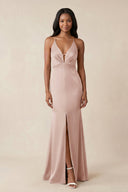Mermaid V - Neck Satin Bridesmaid Dress With Slit in Pale Blush - KISS BRIDAL Bridesmaid Dresses