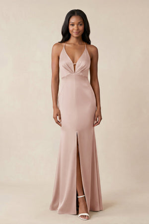 Mermaid V - Neck Satin Bridesmaid Dress With Slit in Pale Blush - KISS BRIDAL Bridesmaid Dresses