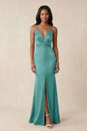 Mermaid V - Neck Satin Bridesmaid Dress With Slit in Pale Pistachio - KISS BRIDAL Bridesmaid Dresses