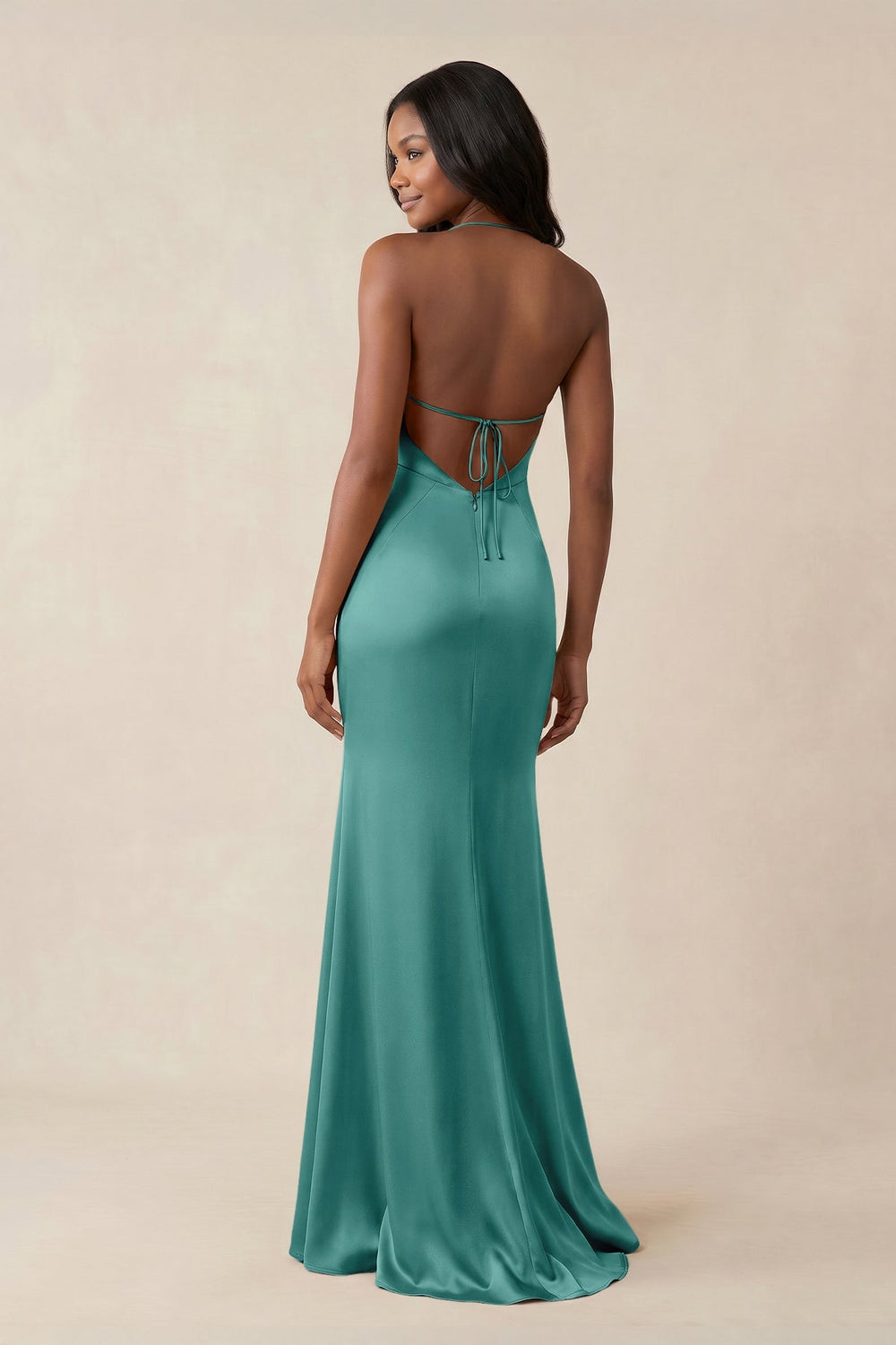 Mermaid V - Neck Satin Bridesmaid Dress With Slit in Pale Pistachio - KISS BRIDAL Bridesmaid Dresses