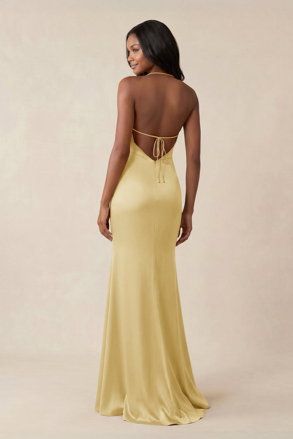 Mermaid V - Neck Satin Bridesmaid Dress With Slit in Pastel Yellow - KISS BRIDAL Bridesmaid Dresses