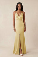 Mermaid V - Neck Satin Bridesmaid Dress With Slit in Pastel Yellow - KISS BRIDAL Bridesmaid Dresses