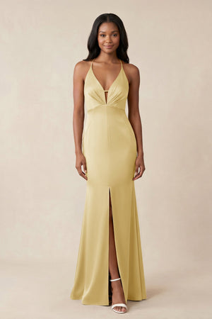 Mermaid V - Neck Satin Bridesmaid Dress With Slit in Pastel Yellow - KISS BRIDAL Bridesmaid Dresses