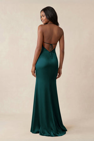 Mermaid V - Neck Satin Bridesmaid Dress With Slit in Pine - KISS BRIDAL Bridesmaid Dresses