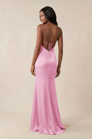 Mermaid V - Neck Satin Bridesmaid Dress With Slit in Pink - KISS BRIDAL Bridesmaid Dresses