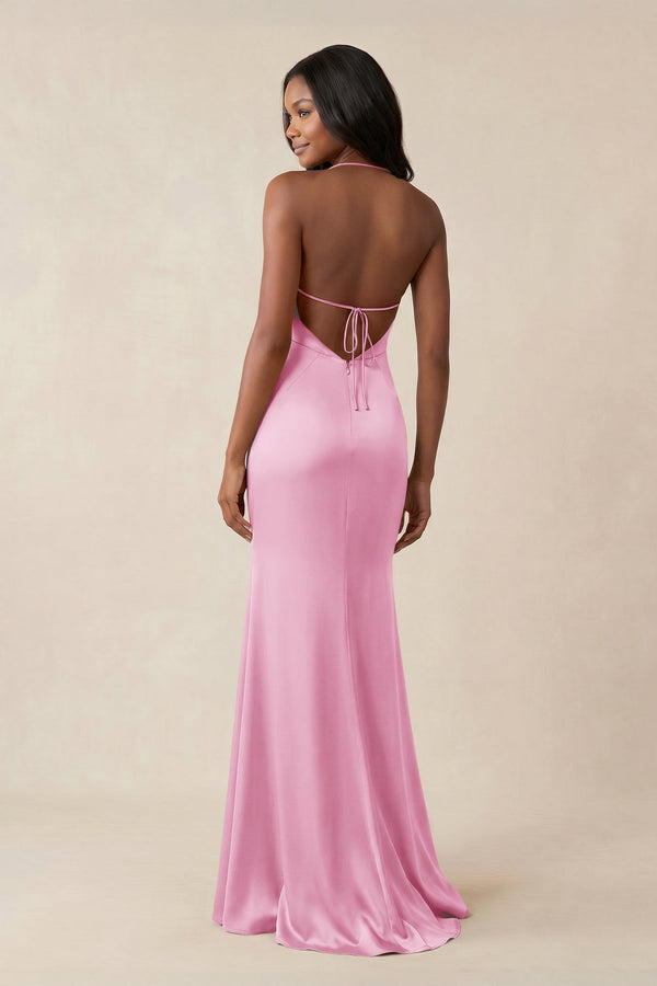 Mermaid V - Neck Satin Bridesmaid Dress With Slit in Pink - KISS BRIDAL Bridesmaid Dresses