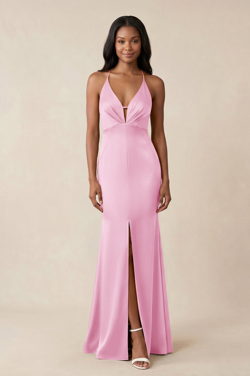 Mermaid V - Neck Satin Bridesmaid Dress With Slit in Pink - KISS BRIDAL Bridesmaid Dresses