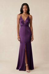 Mermaid V - Neck Satin Bridesmaid Dress With Slit in Plum - KISS BRIDAL Bridesmaid Dresses