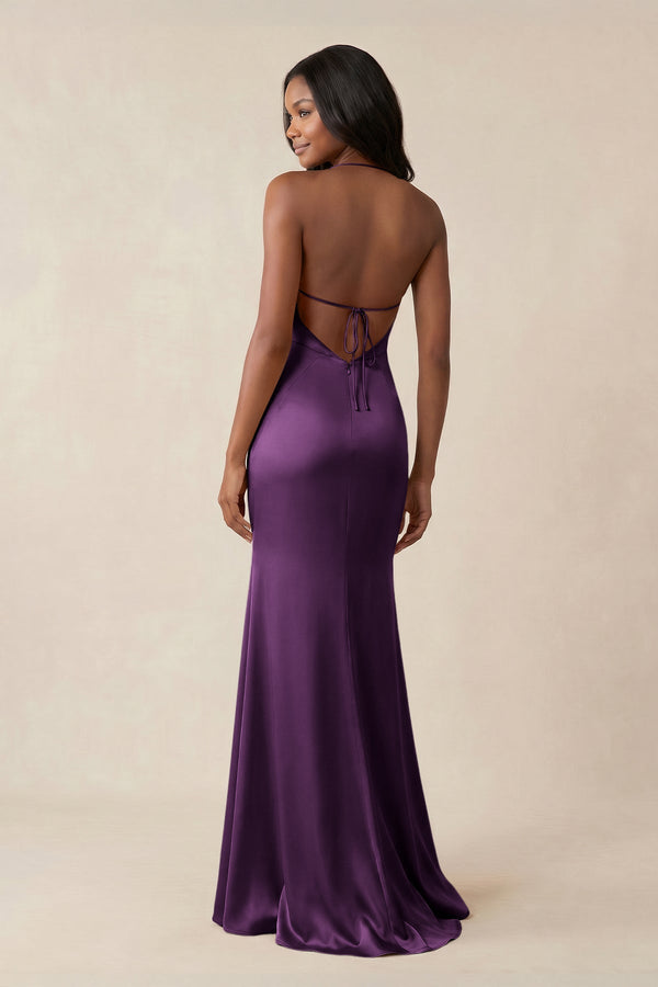 Mermaid V - Neck Satin Bridesmaid Dress With Slit in Plum - KISS BRIDAL Bridesmaid Dresses