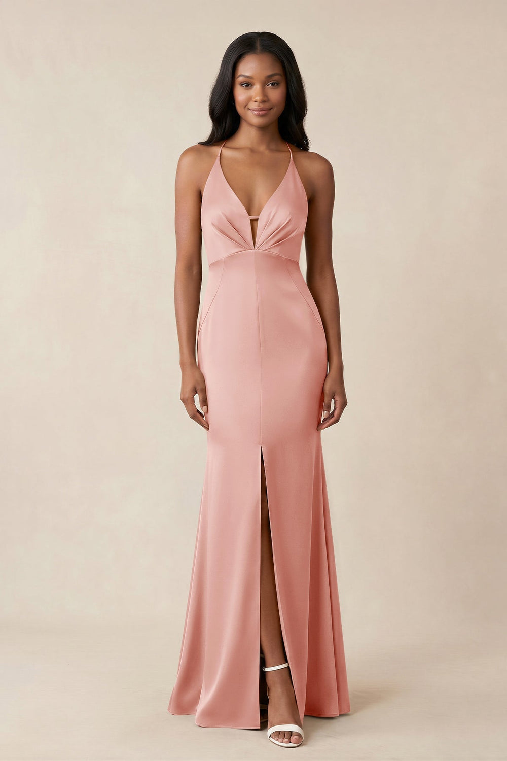 Mermaid V - Neck Satin Bridesmaid Dress With Slit in Rose Petal - KISS BRIDAL Bridesmaid Dresses