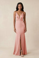 Mermaid V - Neck Satin Bridesmaid Dress With Slit in Rose Petal - KISS BRIDAL Bridesmaid Dresses