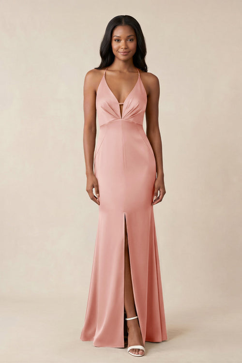 Mermaid V - Neck Satin Bridesmaid Dress With Slit in Rose Petal - KISS BRIDAL Bridesmaid Dresses