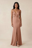 Mermaid V - Neck Satin Bridesmaid Dress With Slit in Rosette - KISS BRIDAL Bridesmaid Dresses