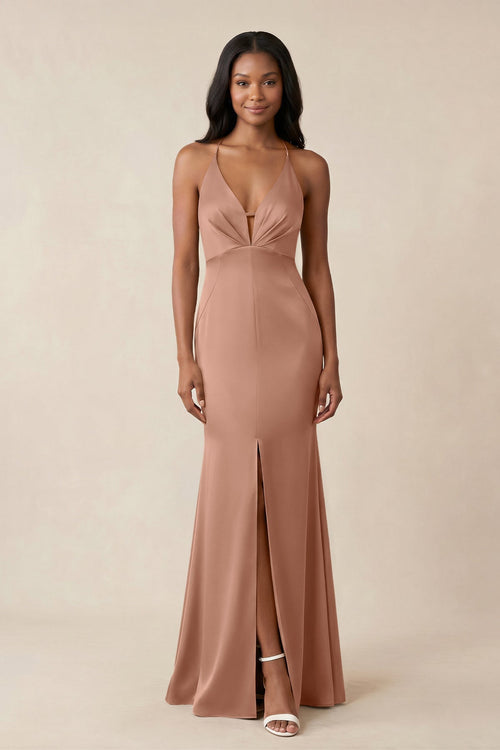 Mermaid V - Neck Satin Bridesmaid Dress With Slit in Rosette - KISS BRIDAL Bridesmaid Dresses