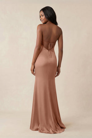 Mermaid V - Neck Satin Bridesmaid Dress With Slit in Rosette - KISS BRIDAL Bridesmaid Dresses