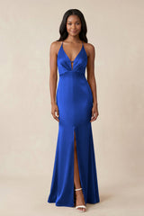 Mermaid V - Neck Satin Bridesmaid Dress With Slit in Royal Blue - KISS BRIDAL Bridesmaid Dresses